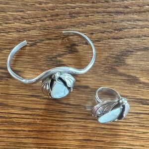 Silver and white milky quartz stone bracelet and ring set
